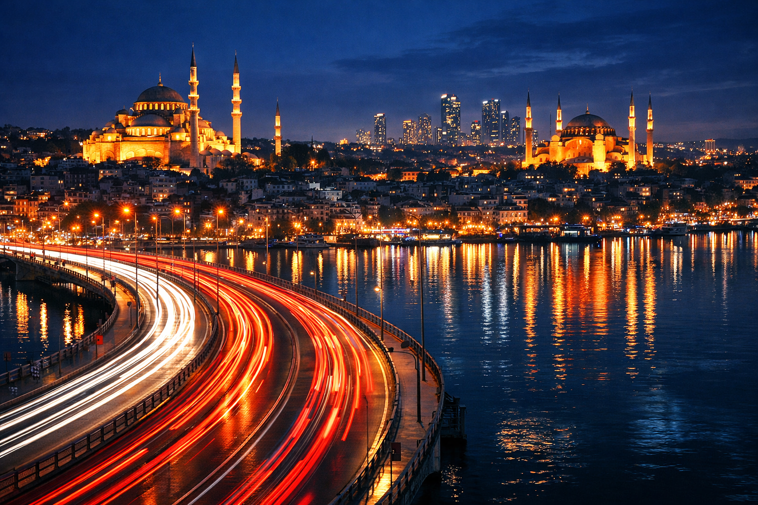 Uzun pozlama ile gece şehir manzarası